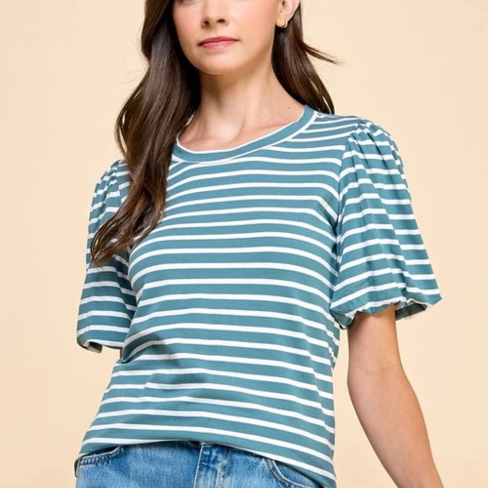 NWT Les Amis Striped Puff Sleeve Top